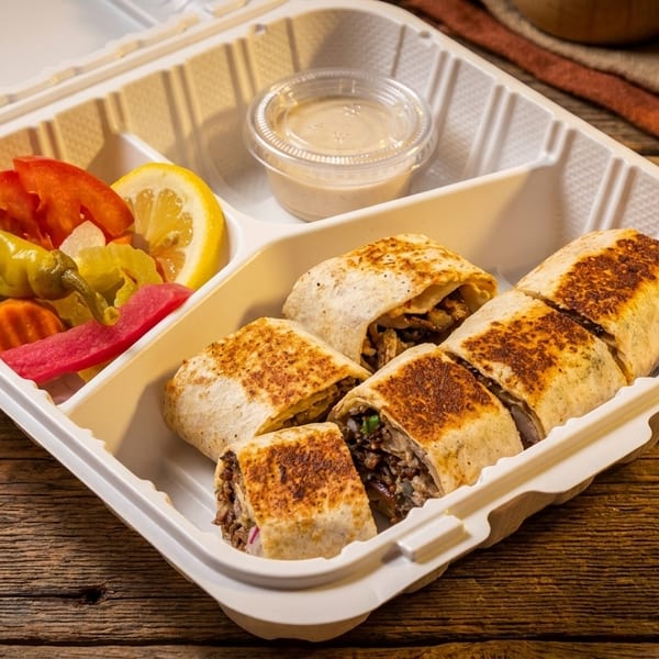 Shawarma wraps, cut into pieces, with pickles, lemon, and sauce in a white takeout container.