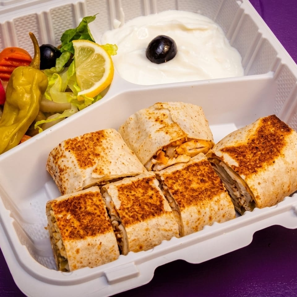 Shawarma wraps, pickles, salad, and a side of white sauce in a takeout container.