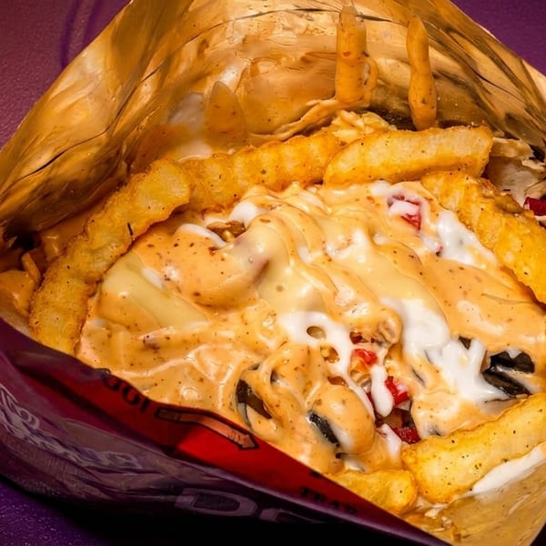 Fries, cheese sauce, and other toppings served in an open bag on a purple surface.