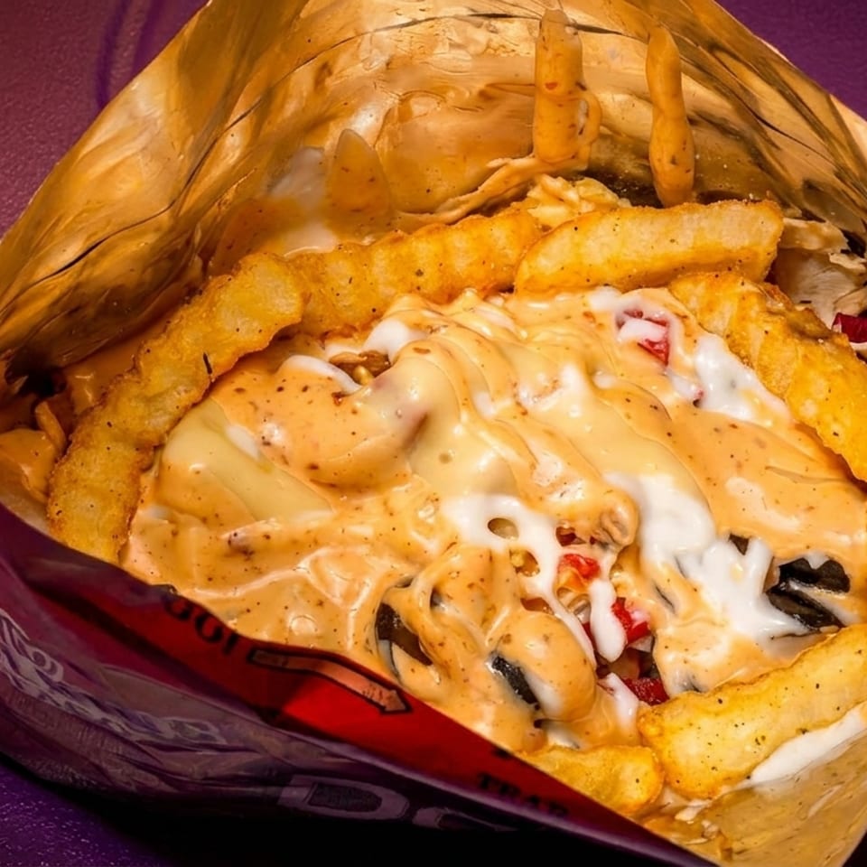 Fries, cheese sauce, and other toppings served in an open bag on a purple surface.