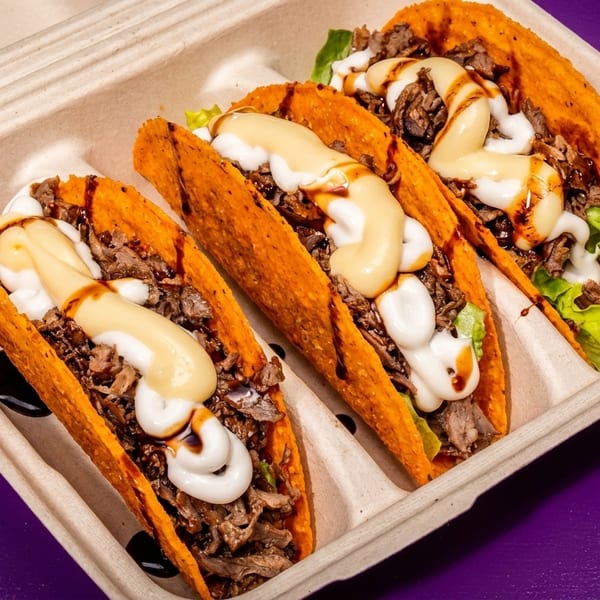 Three tacos with meat, lettuce, white and yellow sauces, and dark drizzle in a takeout container.